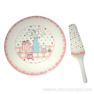 Porcelain Plate with Shovel, Pink Edge, Dots Design, Herbs, Ideal for Any Parties